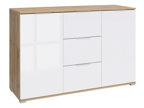 ZELE chest of drawers with two doors and three drawers, 135 cm, Wotan oak/glossy white