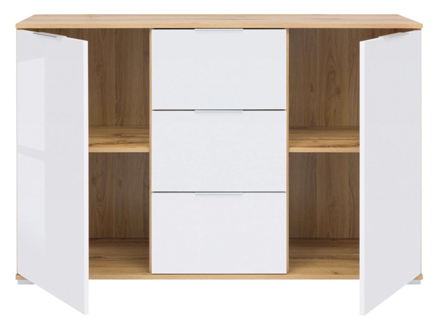 ZELE chest of drawers with two doors and three drawers, 135 cm, Wotan oak/glossy white - Image 3