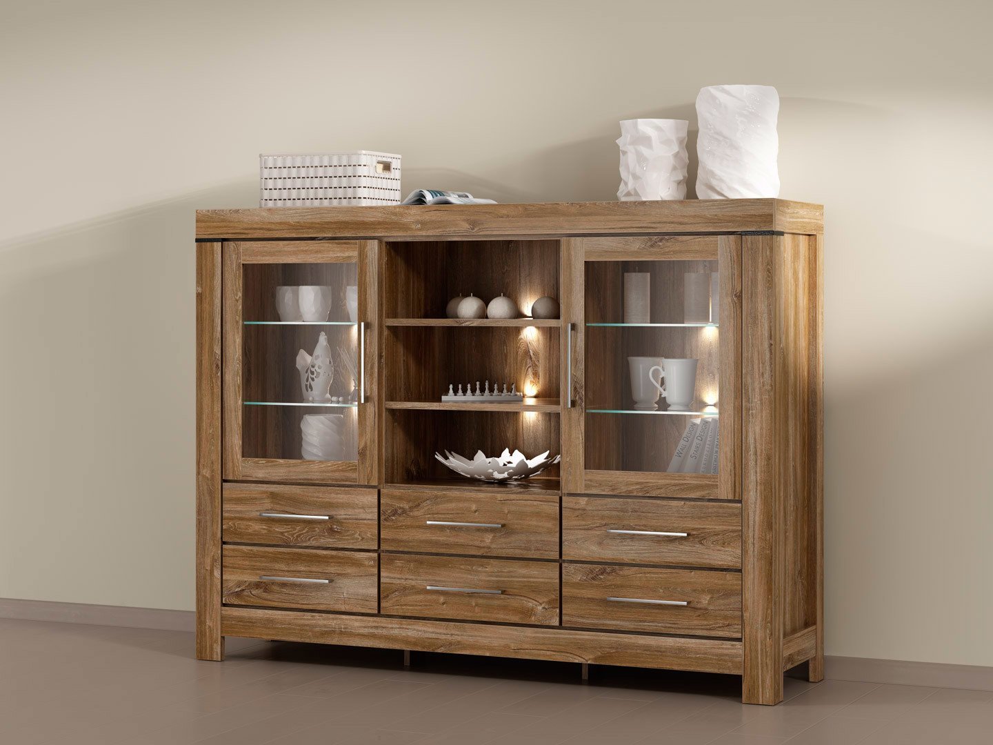 Two-door chest of drawers with display case and six drawers GENT 166 cm, Stirling oak - Image 4