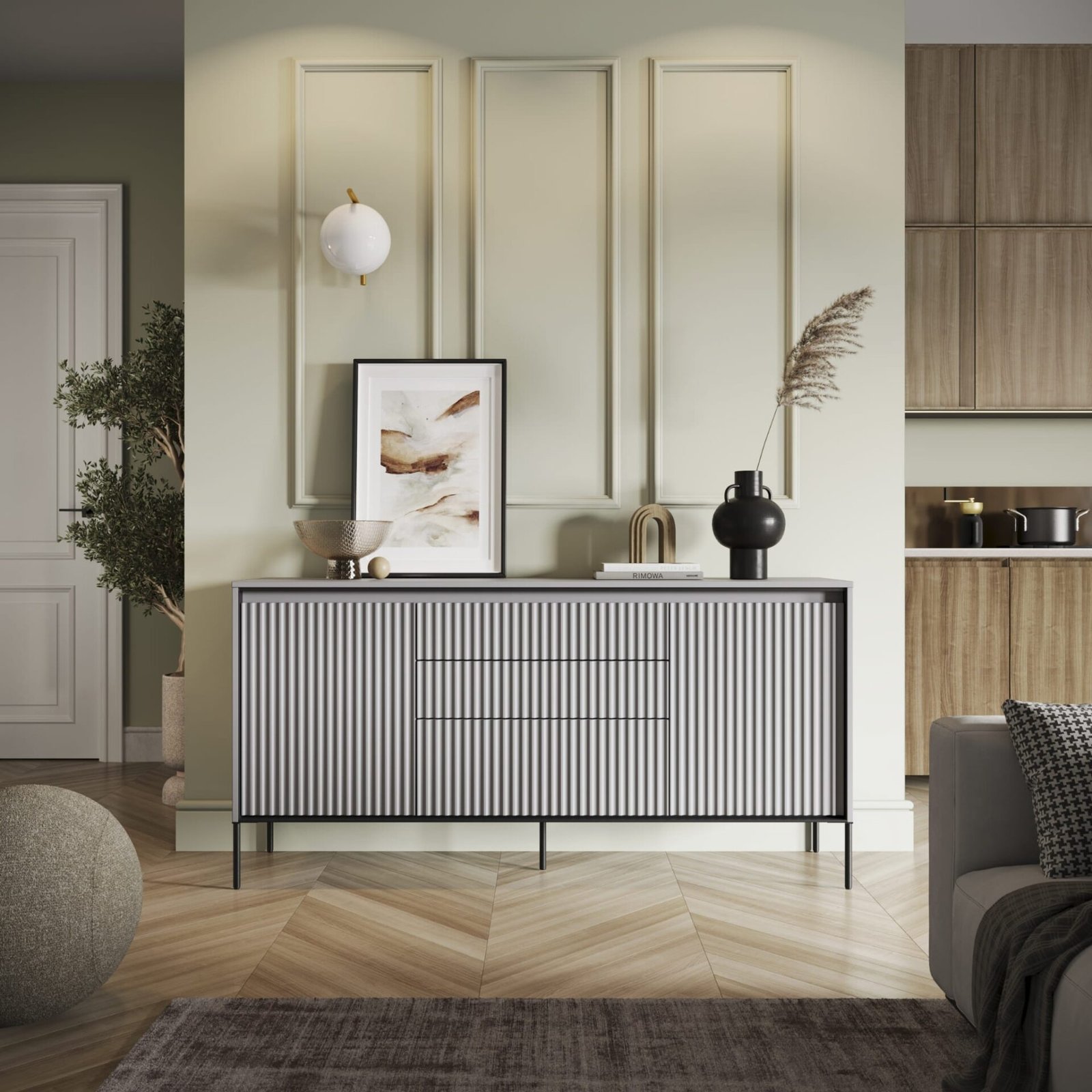 TREND 01 chest of drawers with grooves, grey/black legs - Image 2
