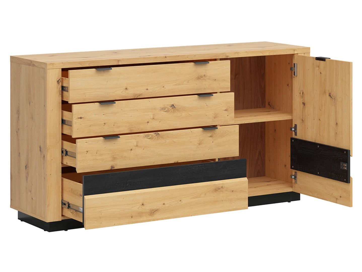 OSTIA chest of drawers with one door and four drawers, 161 cm, oak imitation / glossy black