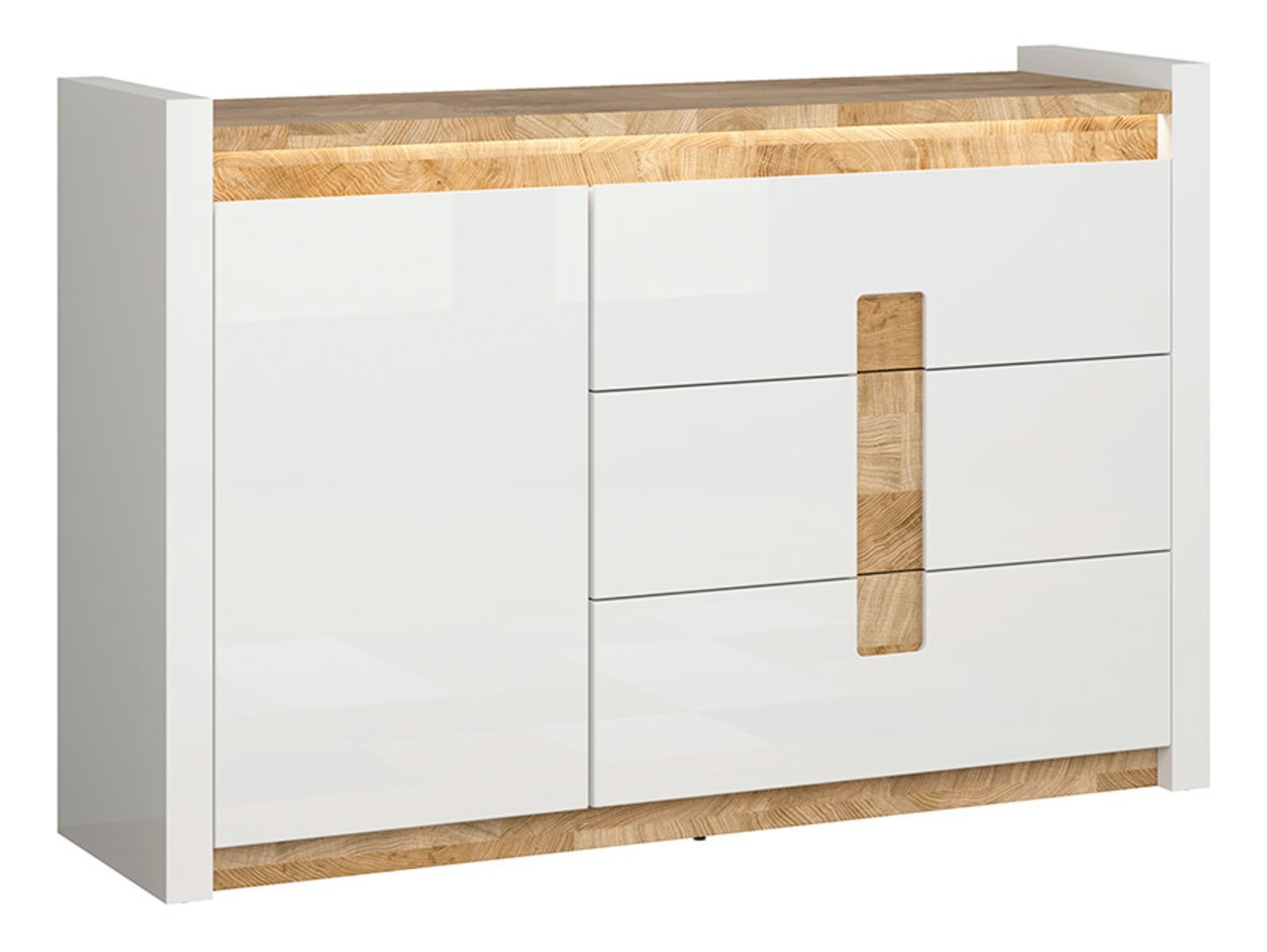 Single-door chest of drawers ALAMEDA 147 cm glossy white/Westminster oak