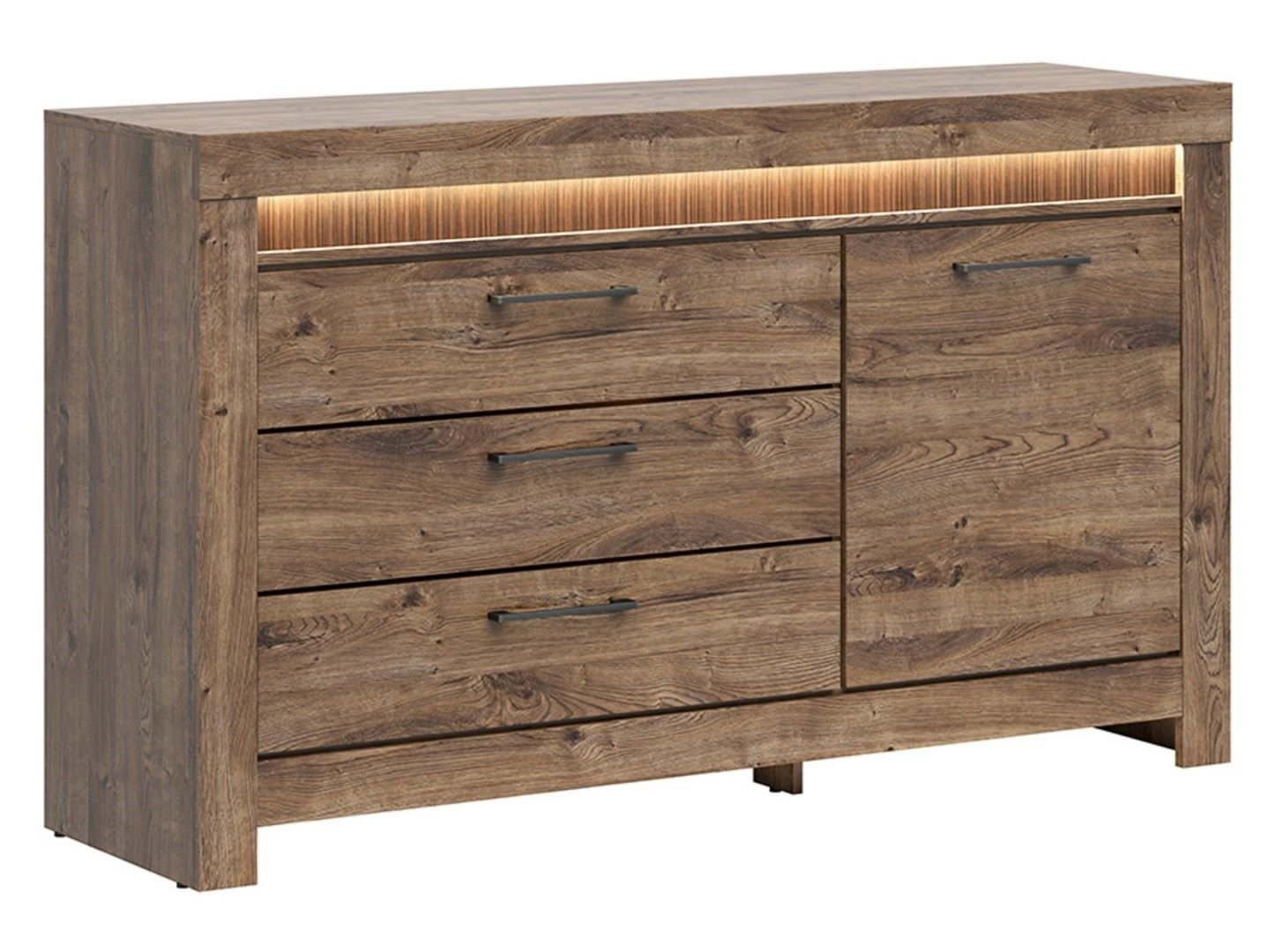 Single-door chest of drawers with three drawers TORIN 157 cm, oak brown color, ribbed