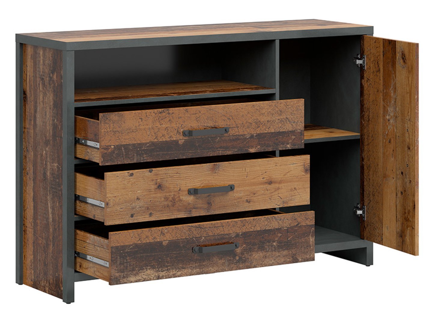 WESTON chest of drawers with one door and three drawers, 131 cm, antique style dark pine/mattress - Image 2