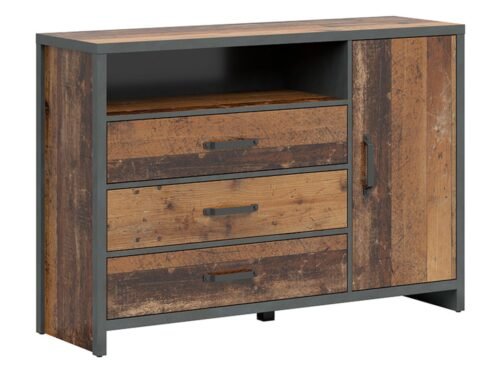 WESTON chest of drawers with one door and three drawers, 131 cm, antique style dark pine/mattress