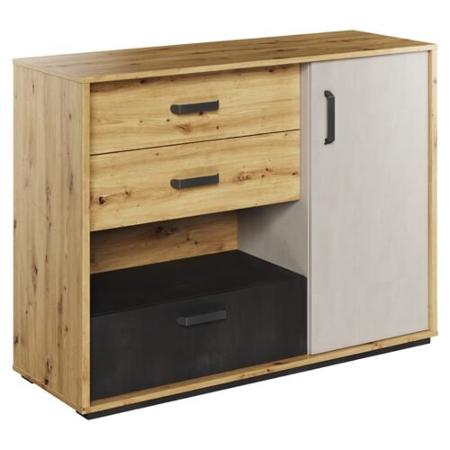 QUBIC QB-07 chest of drawers, faux oak/silk, cream/raw steel