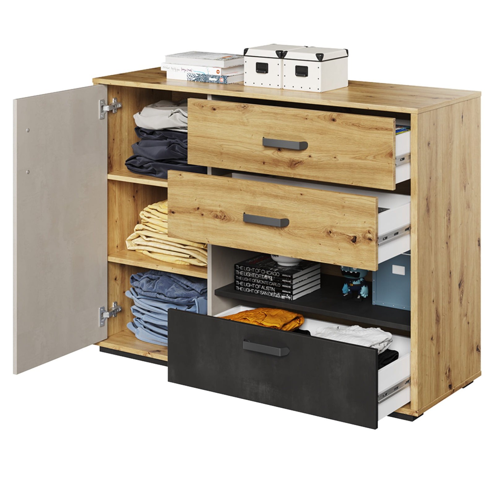 QUBIC QB-07 chest of drawers, faux oak/silk, cream/raw steel - Image 4