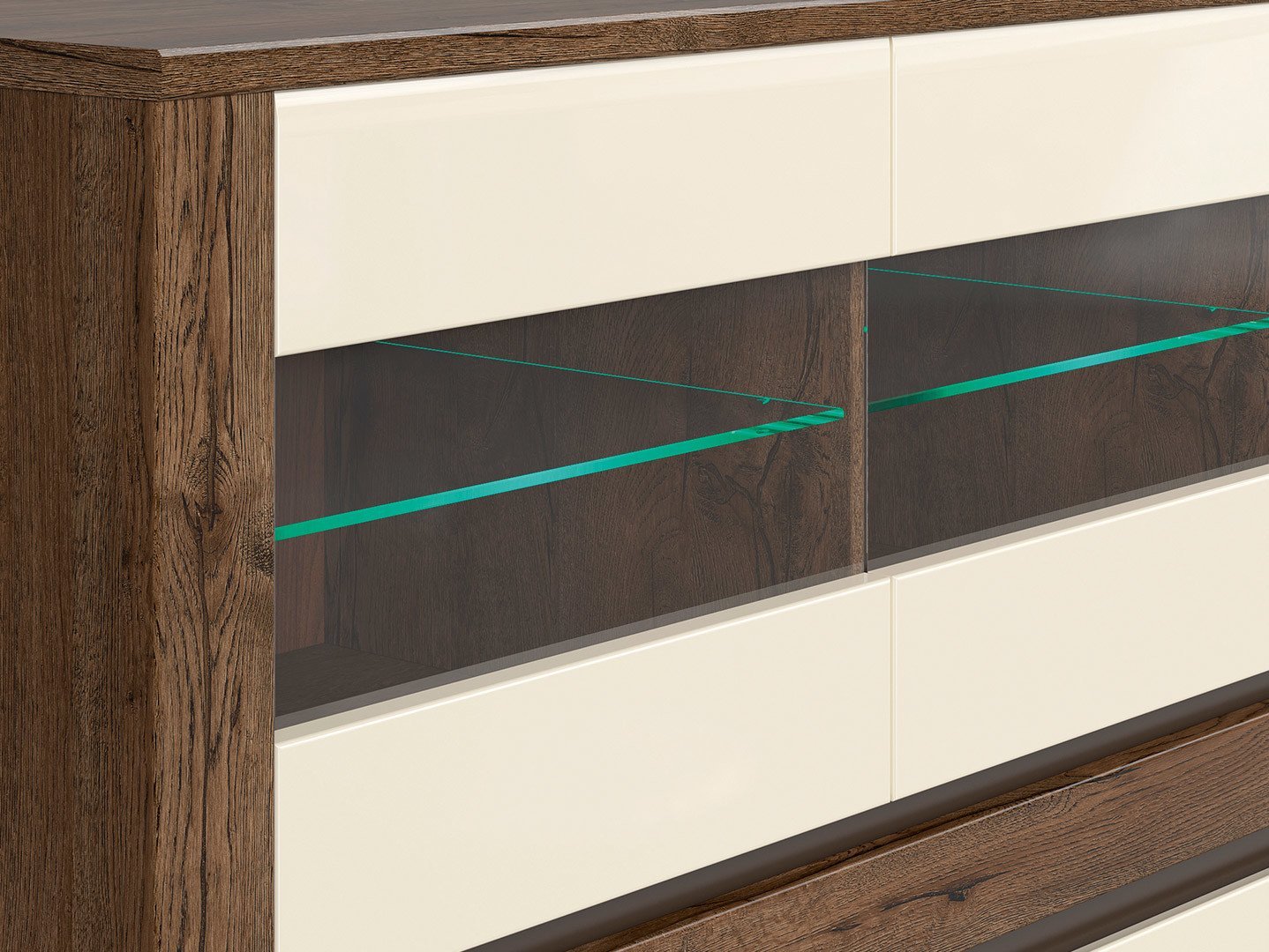 Three-door chest of drawers with three glass fronts RUSO 149 cm, dove-colored oak/pearl gloss - Image 4