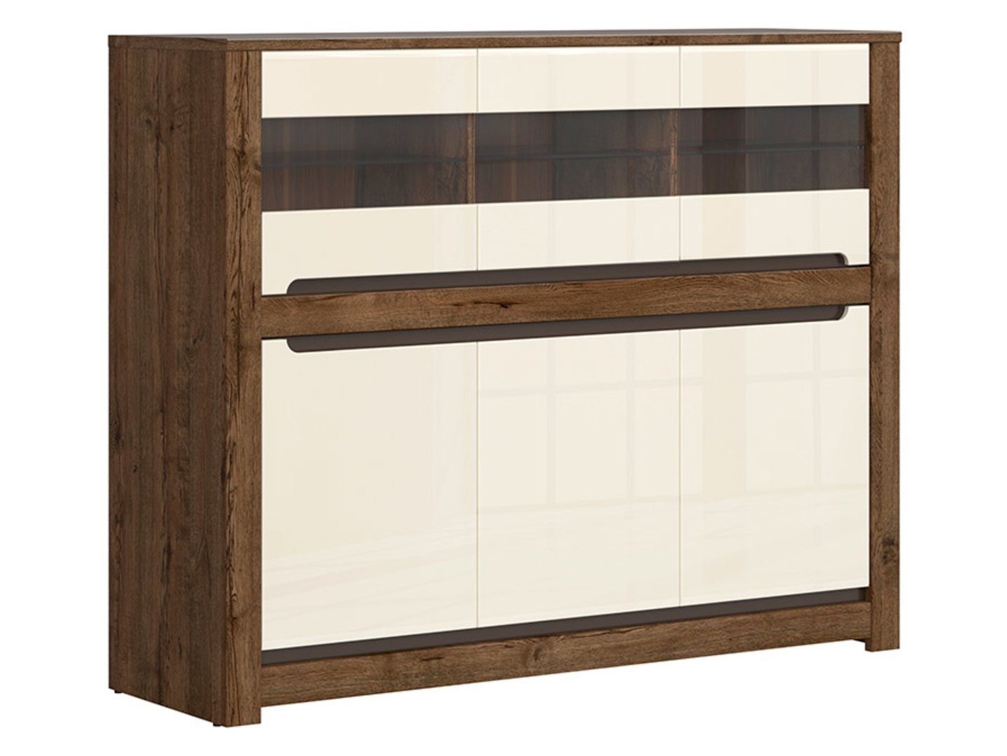 Three-door chest of drawers with three glass fronts RUSO 149 cm, dove-colored oak/pearl gloss - Image 5