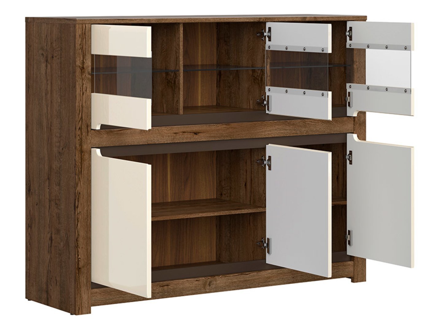 Three-door chest of drawers with three glass fronts RUSO 149 cm, dove-colored oak/pearl gloss - Image 7