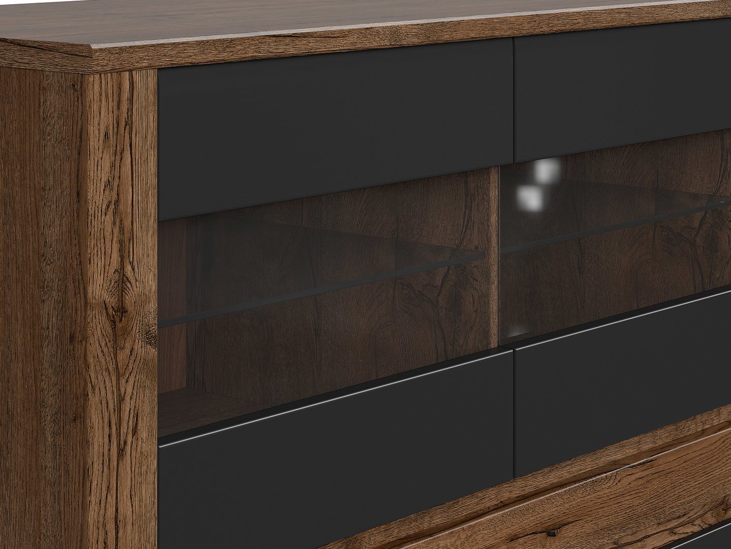 Three-door chest of drawers with three glass fronts RUSO 149 cm, ash oak/matte black - Image 4