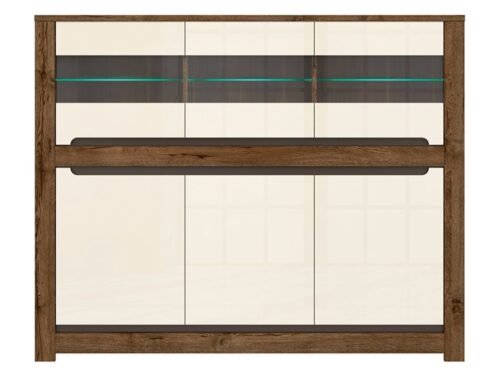 Three-door chest of drawers with three glass fronts RUSO 149 cm, dove-colored oak/pearl gloss
