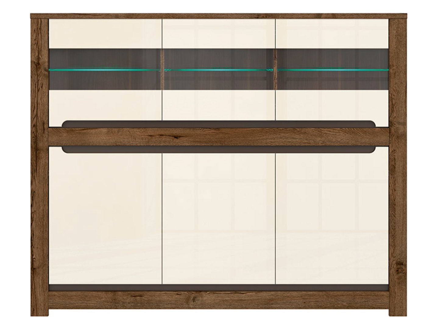 Three-door chest of drawers with three glass fronts RUSO 149 cm, dove-colored oak/pearl gloss