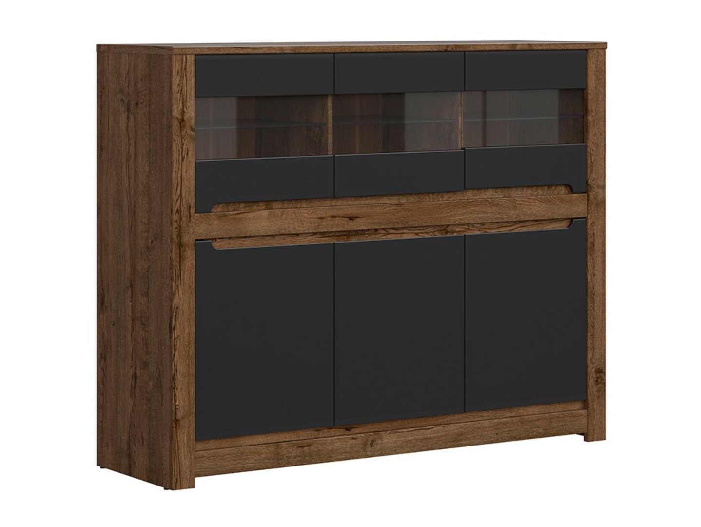 Three-door chest of drawers with three glass fronts RUSO 149 cm, ash oak/matte black