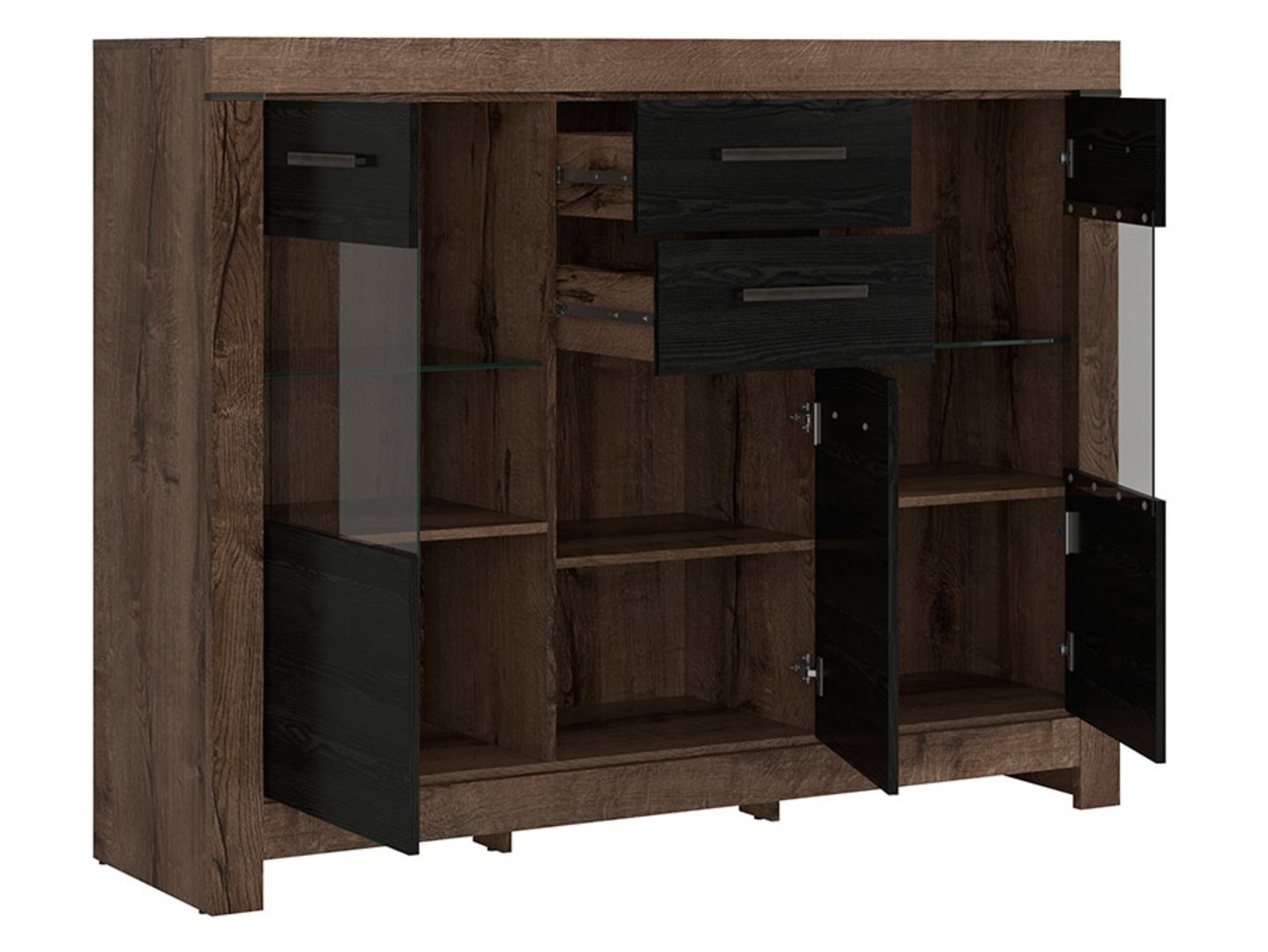 Three-door chest of drawers with display case and two drawers BALIN 160 cm, monastery oak/black oak - Image 2