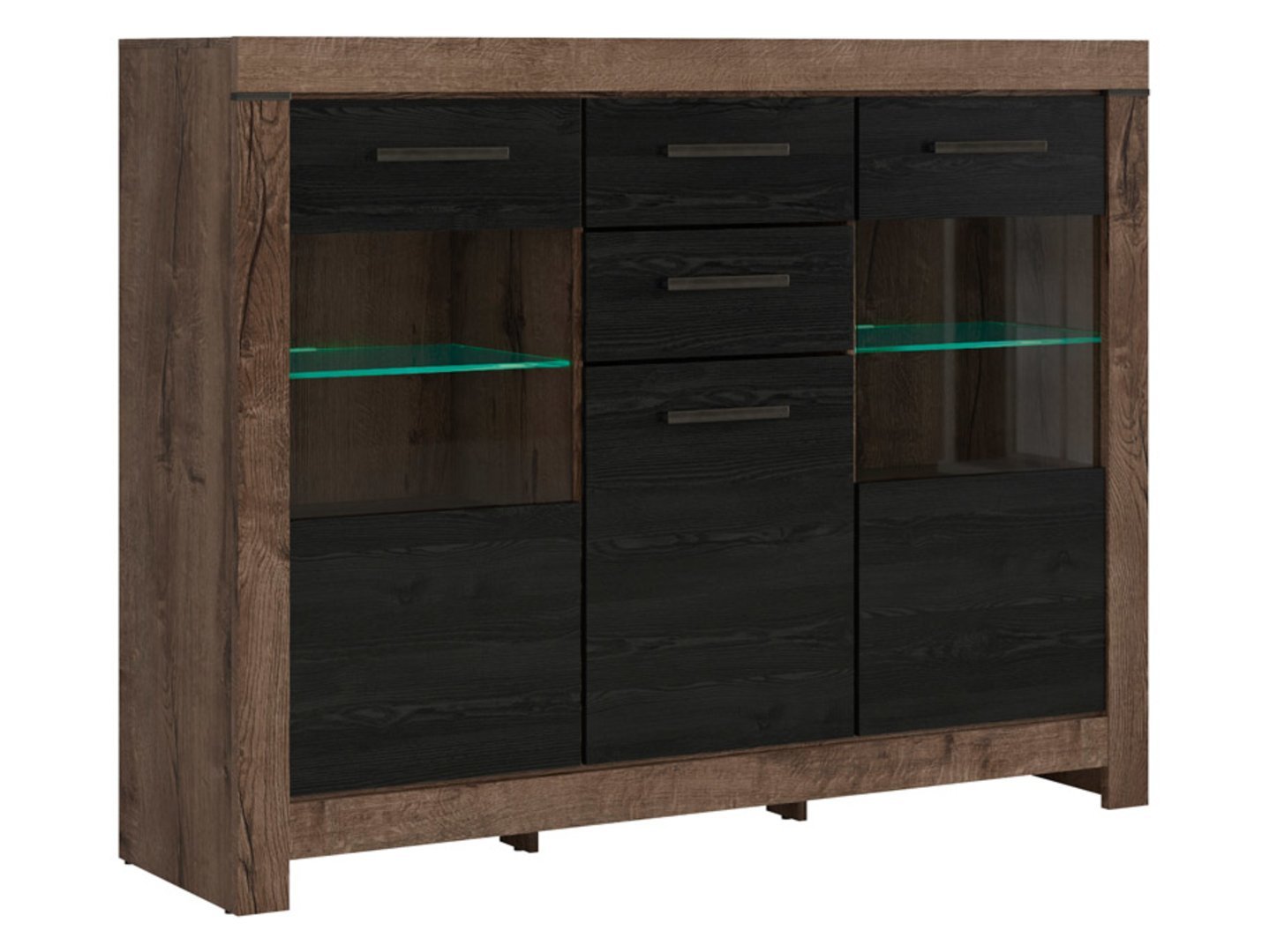 Three-door chest of drawers with display case and two drawers BALIN 160 cm, monastery oak/black oak - Image 3
