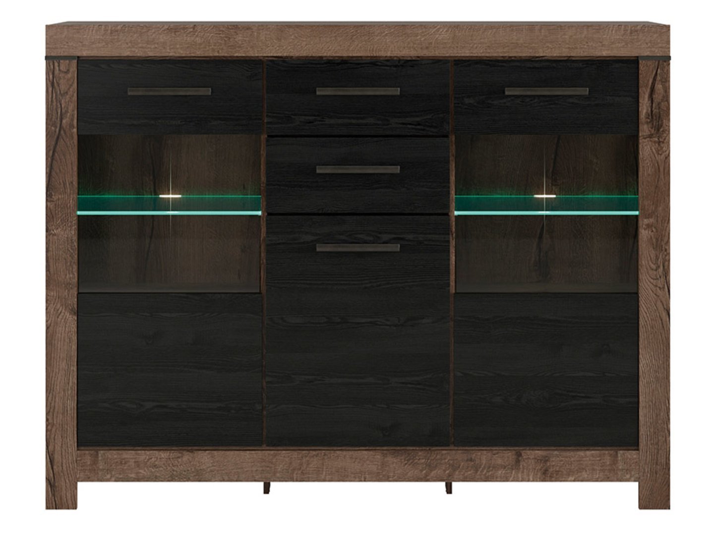 Three-door chest of drawers with display case and two drawers BALIN 160 cm, monastery oak/black oak - Image 4