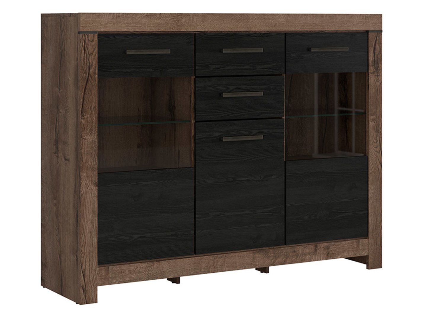 Three-door chest of drawers with display case and two drawers BALIN 160 cm, monastery oak/black oak - Image 5