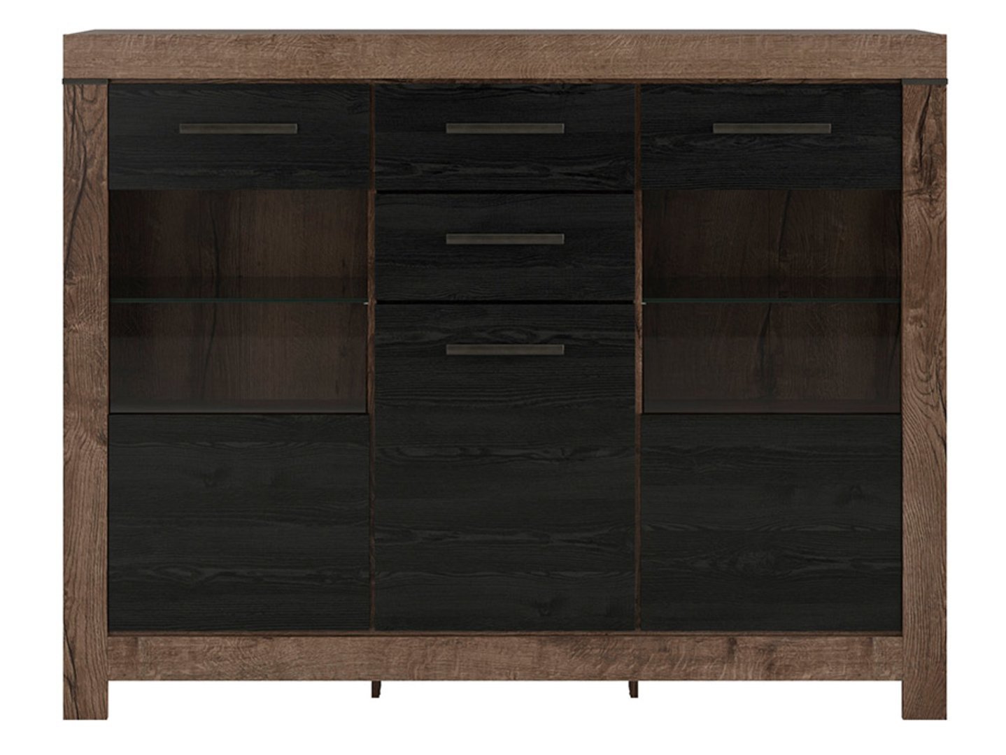 Three-door chest of drawers with display case and two drawers BALIN 160 cm, monastery oak/black oak