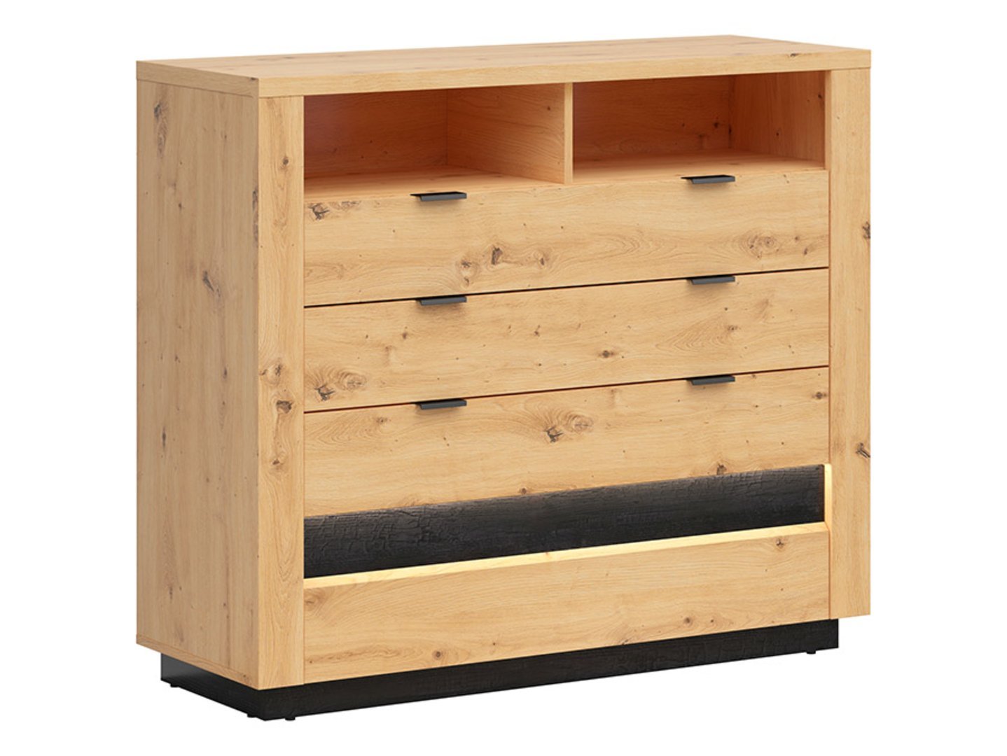 OSTIA chest of drawers with four drawers, 116.5 cm, Artisan oak / glossy black