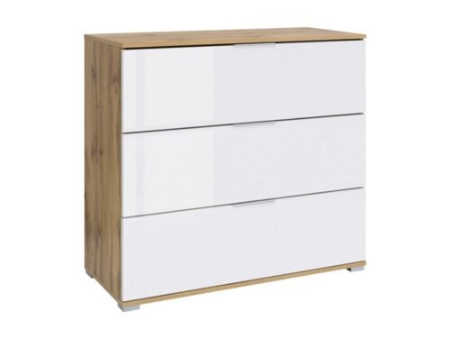 ZELE chest of drawers with three drawers, 95 cm, oak color, white, glossy