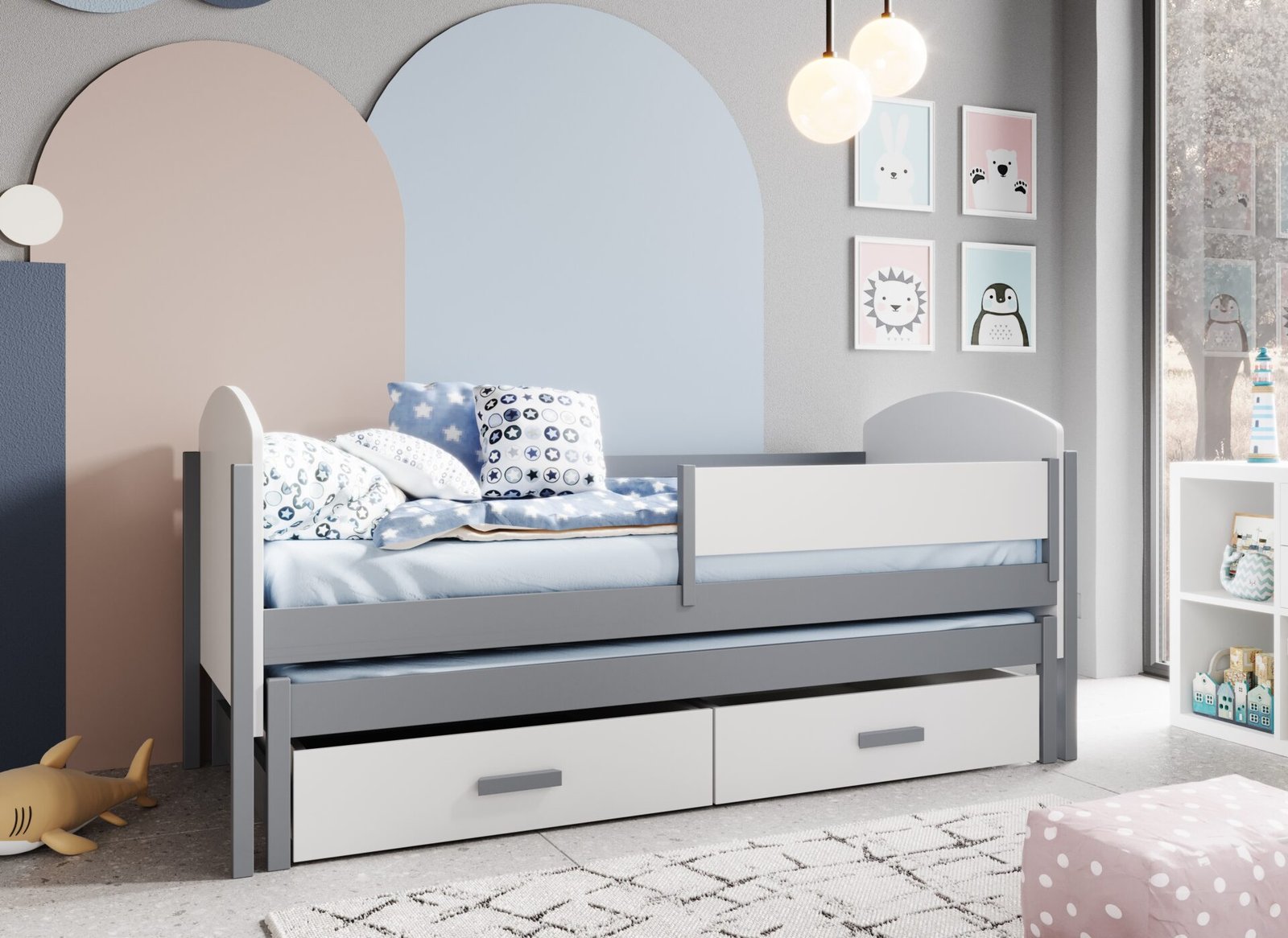 Olen 180x80 children's bed for two with mattress, white/gray, ADRK - Image 4