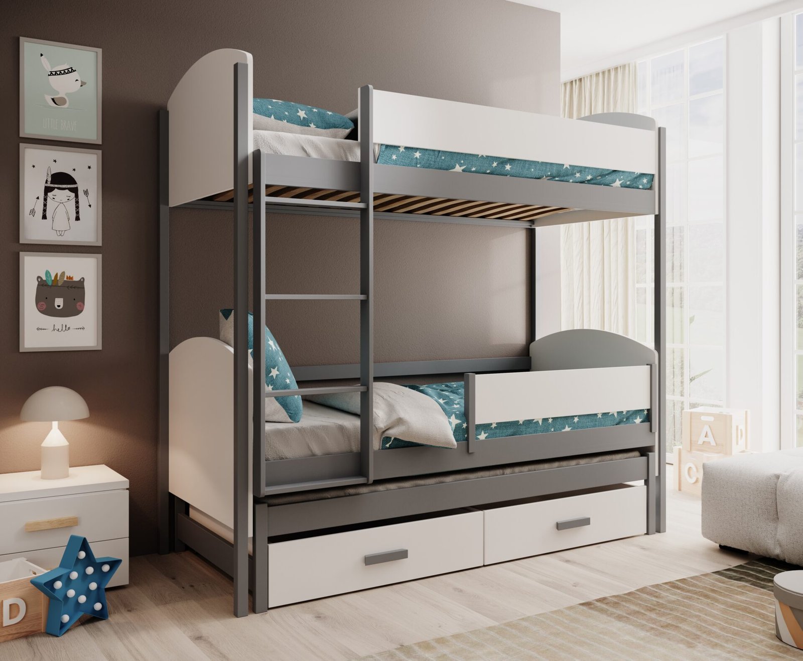 Leia 3-person children's bed 200x90 with mattress, white/gray, ADRK - Image 4