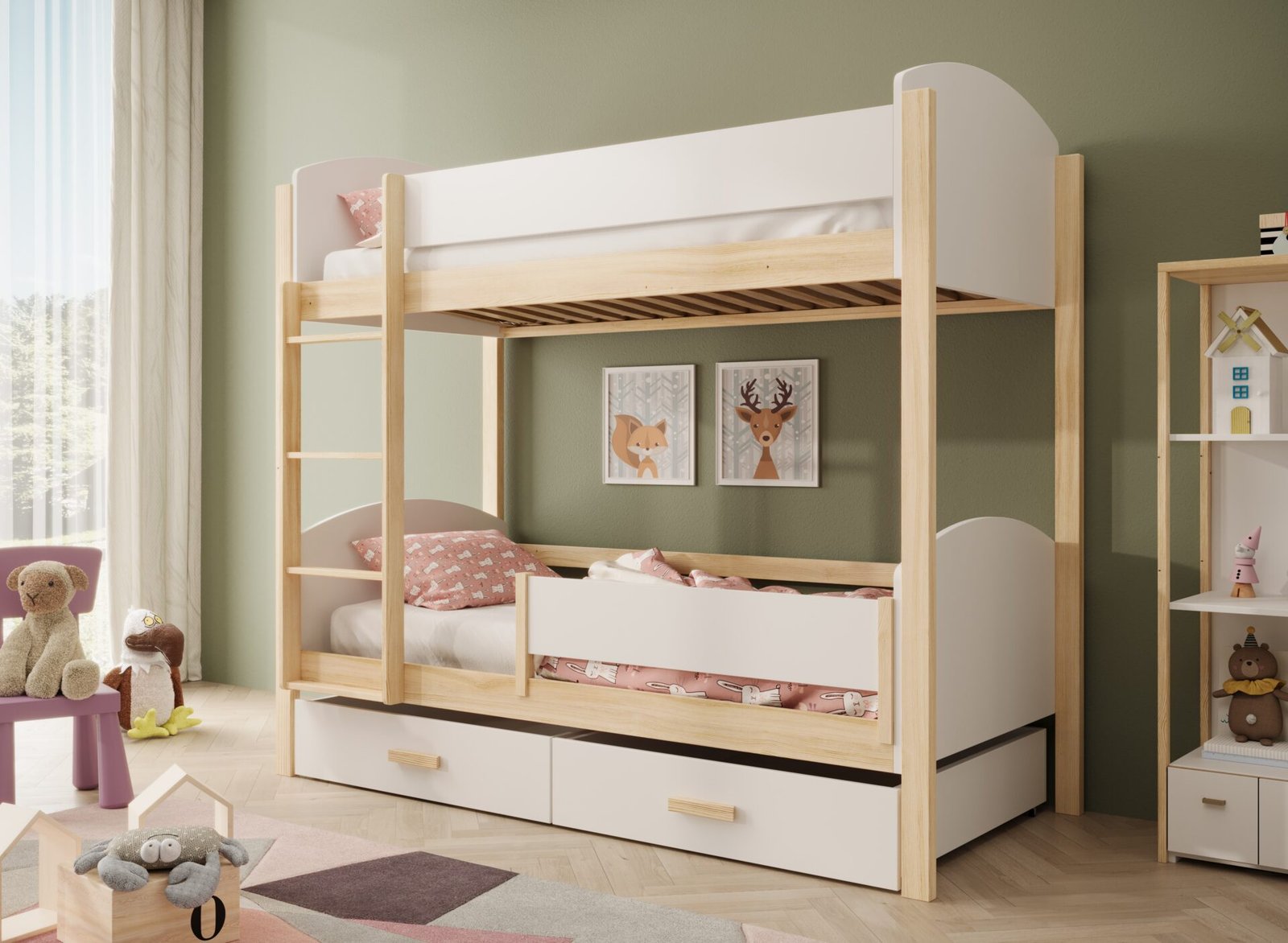 Jori children's bunk bed with railing 180x80 with mattress, white/pine, ADRK - Image 2