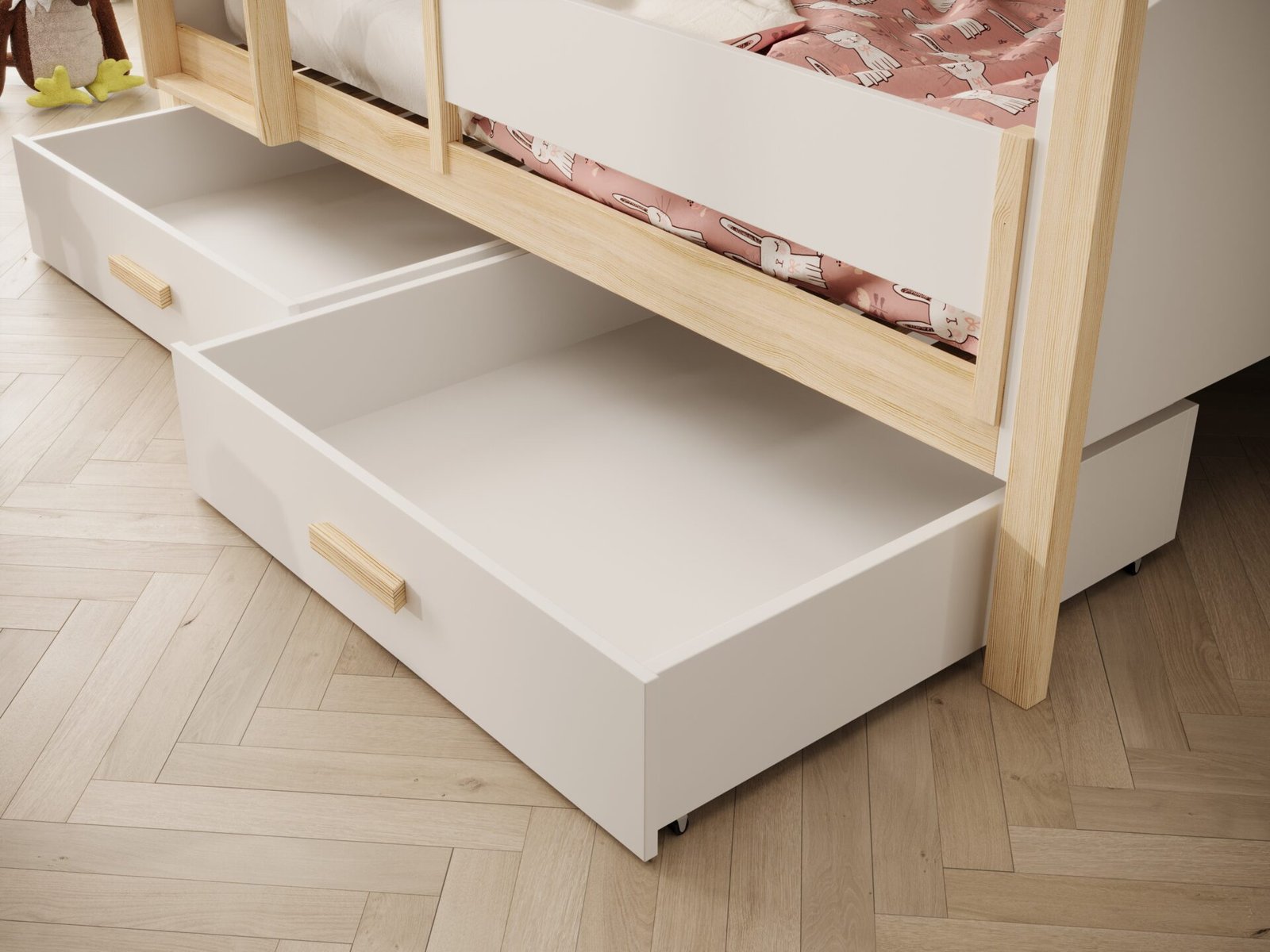 Jori children's bunk bed with railing 200x90 with mattress, white/pine, ADRK - Image 3