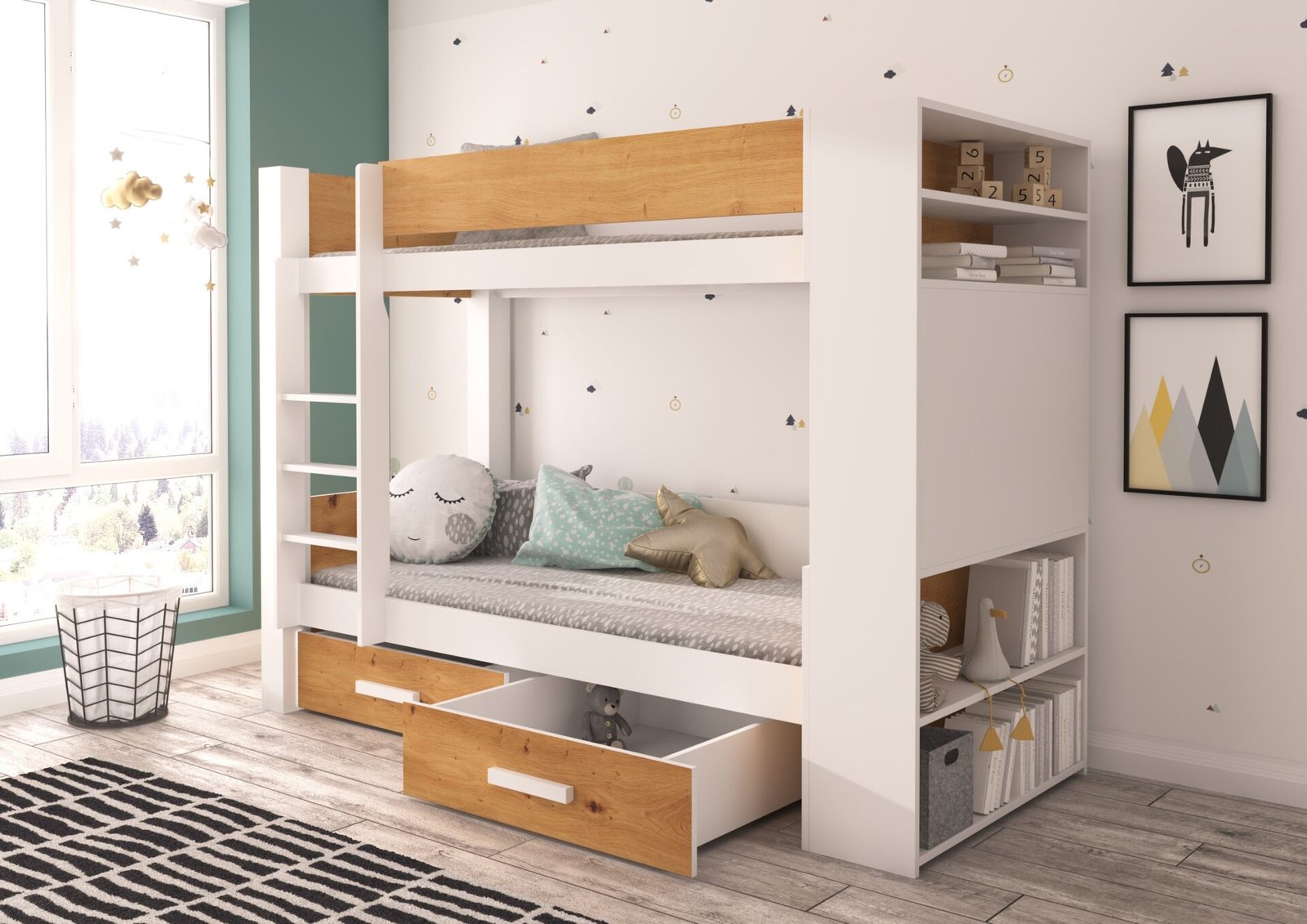 Double bunk bed with GARET 180x80 mattresses, white/Artisan ADRK - Image 2
