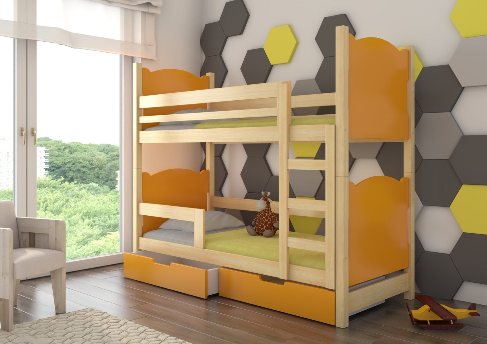 Double bunk bed with MARABA pine/orange ADRK mattresses - Image 2