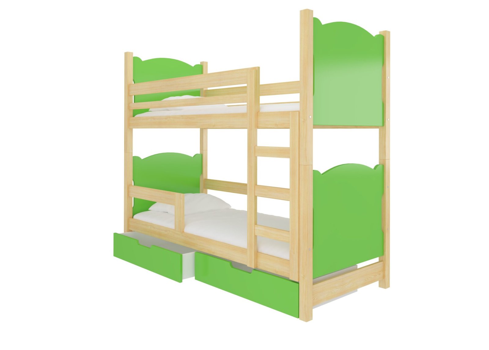 Double bunk bed with MARABA pine/green ADRK mattresses