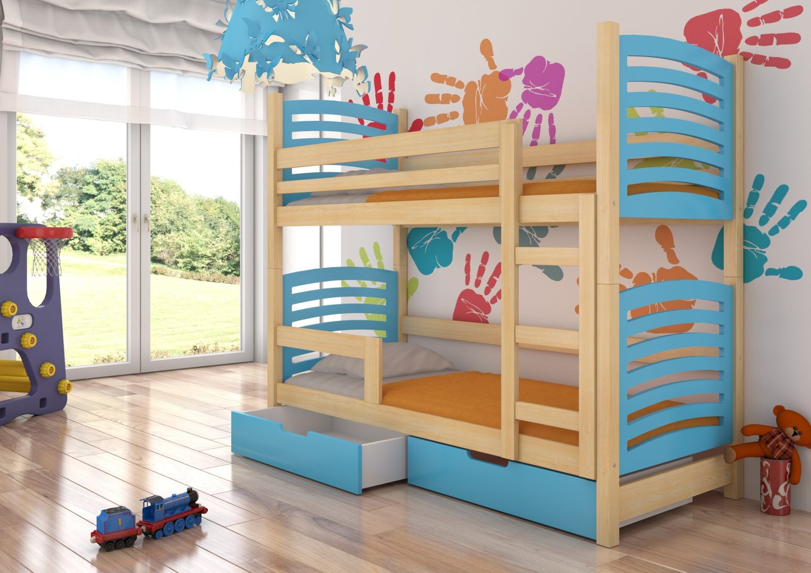 Double bunk bed with OSUNA pine/blue ADRK mattresses - Image 2
