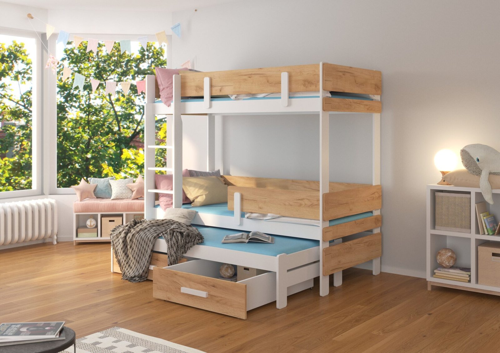ETAPO triple bunk bed 200x90 white/golden oak, ADRK - Image 2