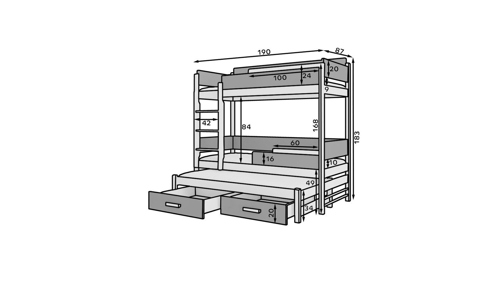 Triple bunk bed QUEEN 180x80 white ADRK - Image 3