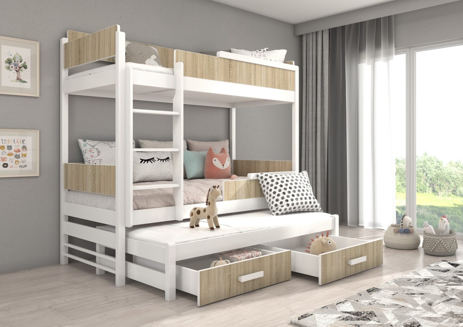 Triple bunk bed QUEEN 200x90 white/Sonoma ADRK - Image 2