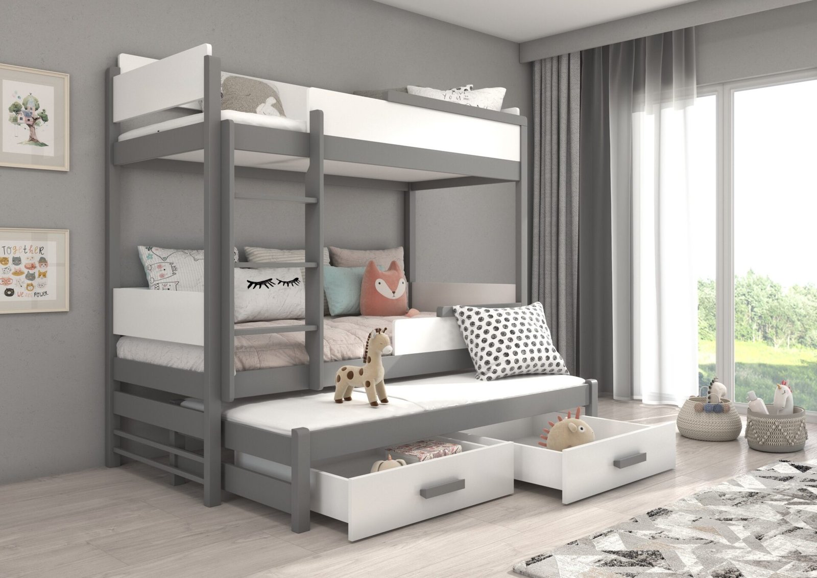 Triple bunk bed QUEEN 200x90 graphite/white ADRK - Image 2