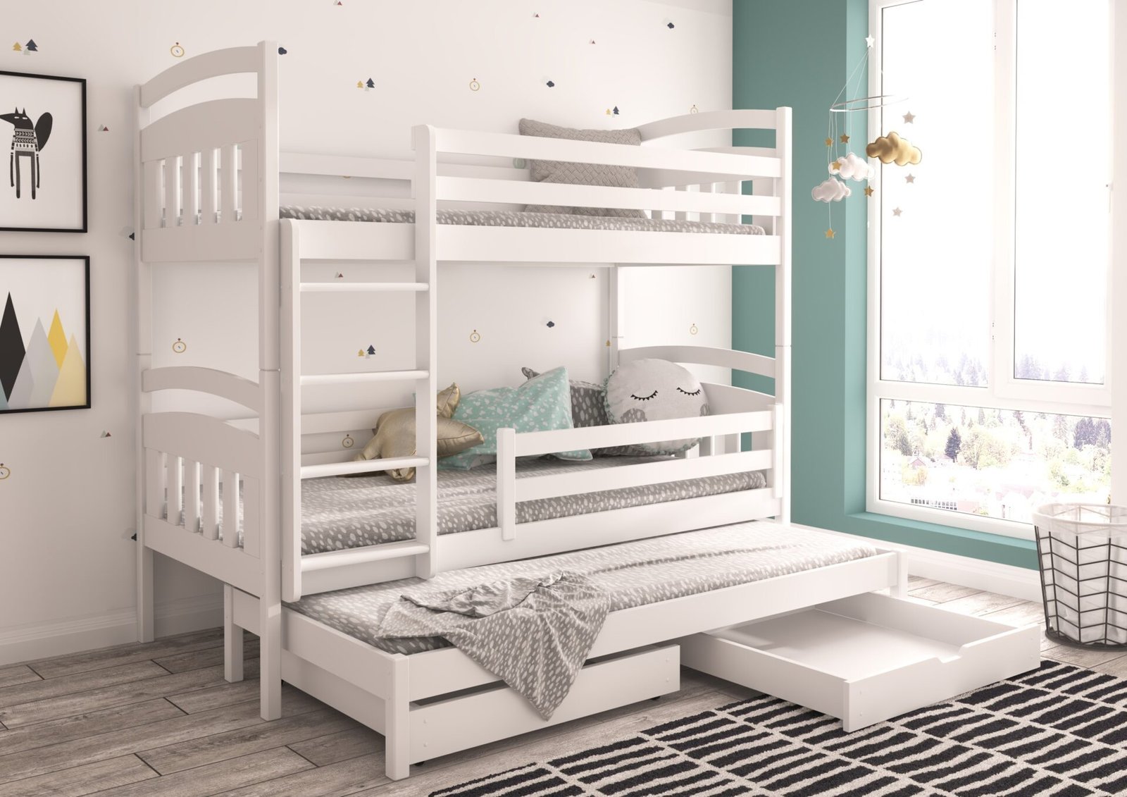 Triple bunk bed with ALDO 200x90 mattresses, white, ADRK - Image 2