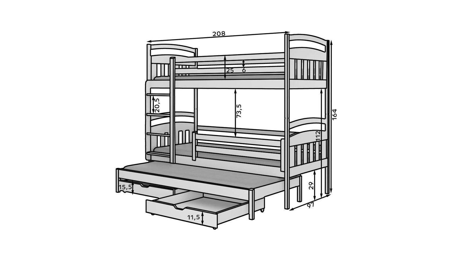Triple bunk bed with ALDO 200x90 mattresses, white, ADRK - Image 3