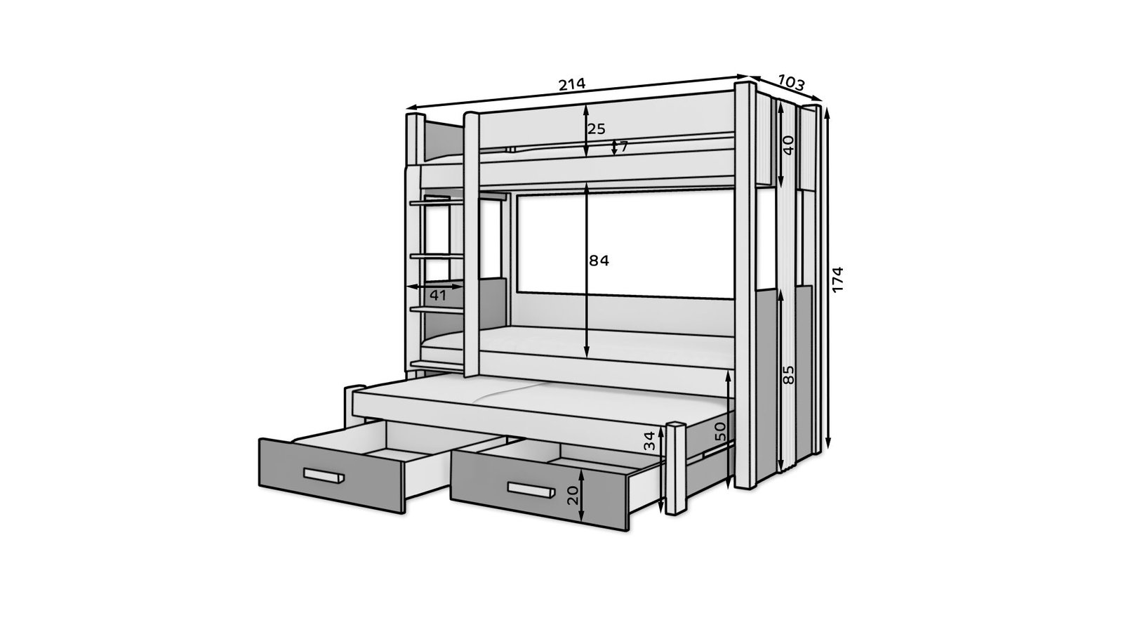 Triple bunk bed with ARTEMA 200x90 mattresses, white/Sonoma ADRK - Image 2