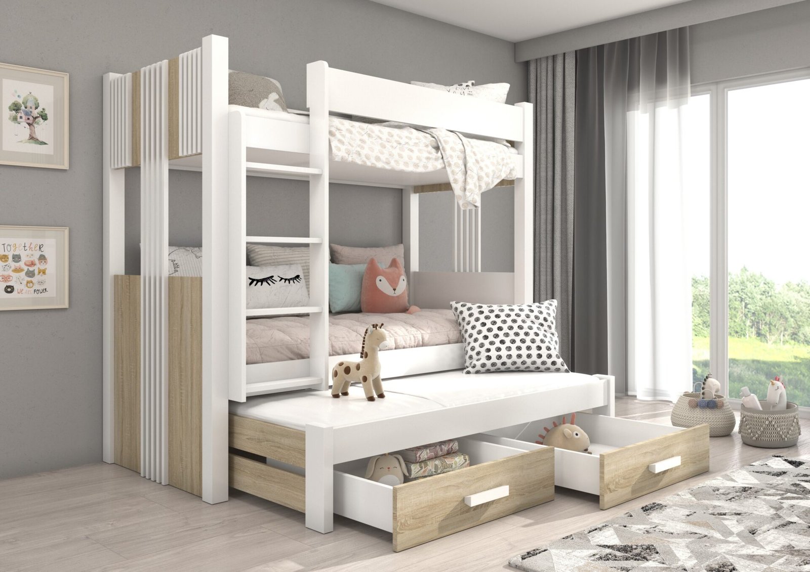 Triple bunk bed with ARTEMA 200x90 mattresses, white/Sonoma ADRK - Image 3