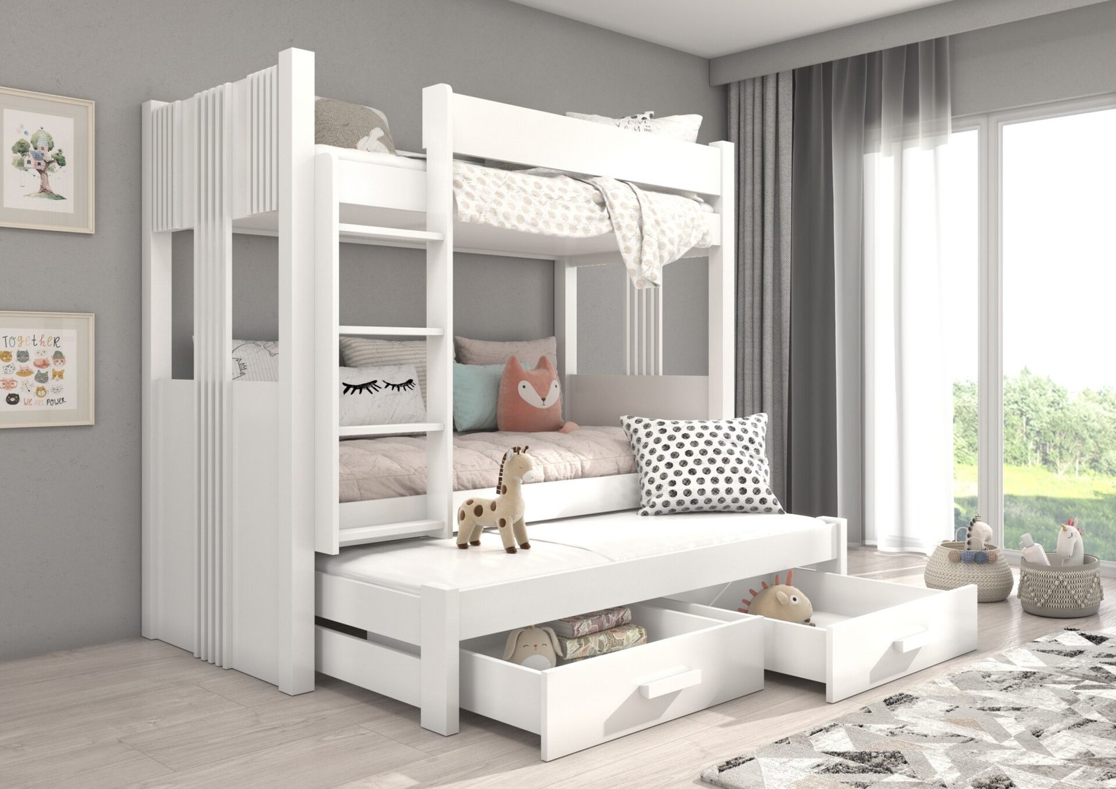 Triple bunk bed with ARTEMA 200x90 mattresses, white, ADRK - Image 2