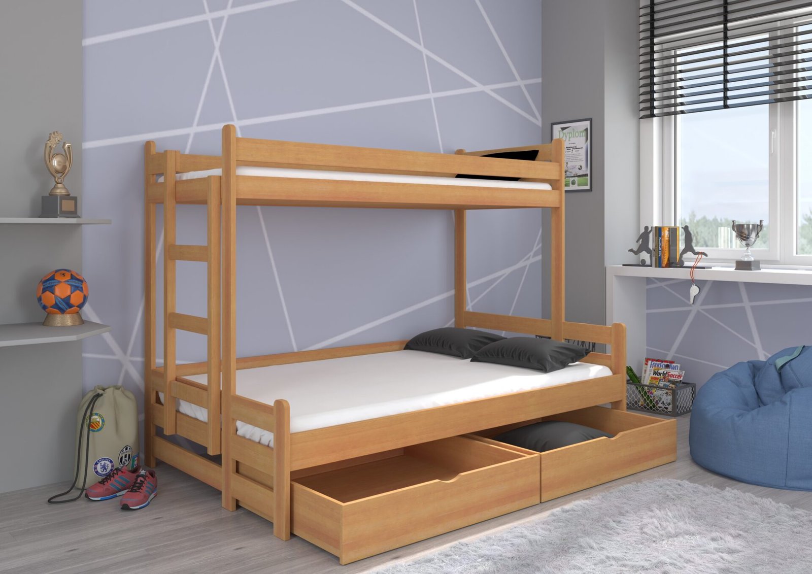 Triple bunk bed with BENITO 200x90 mattresses, beech color, ADRK - Image 2