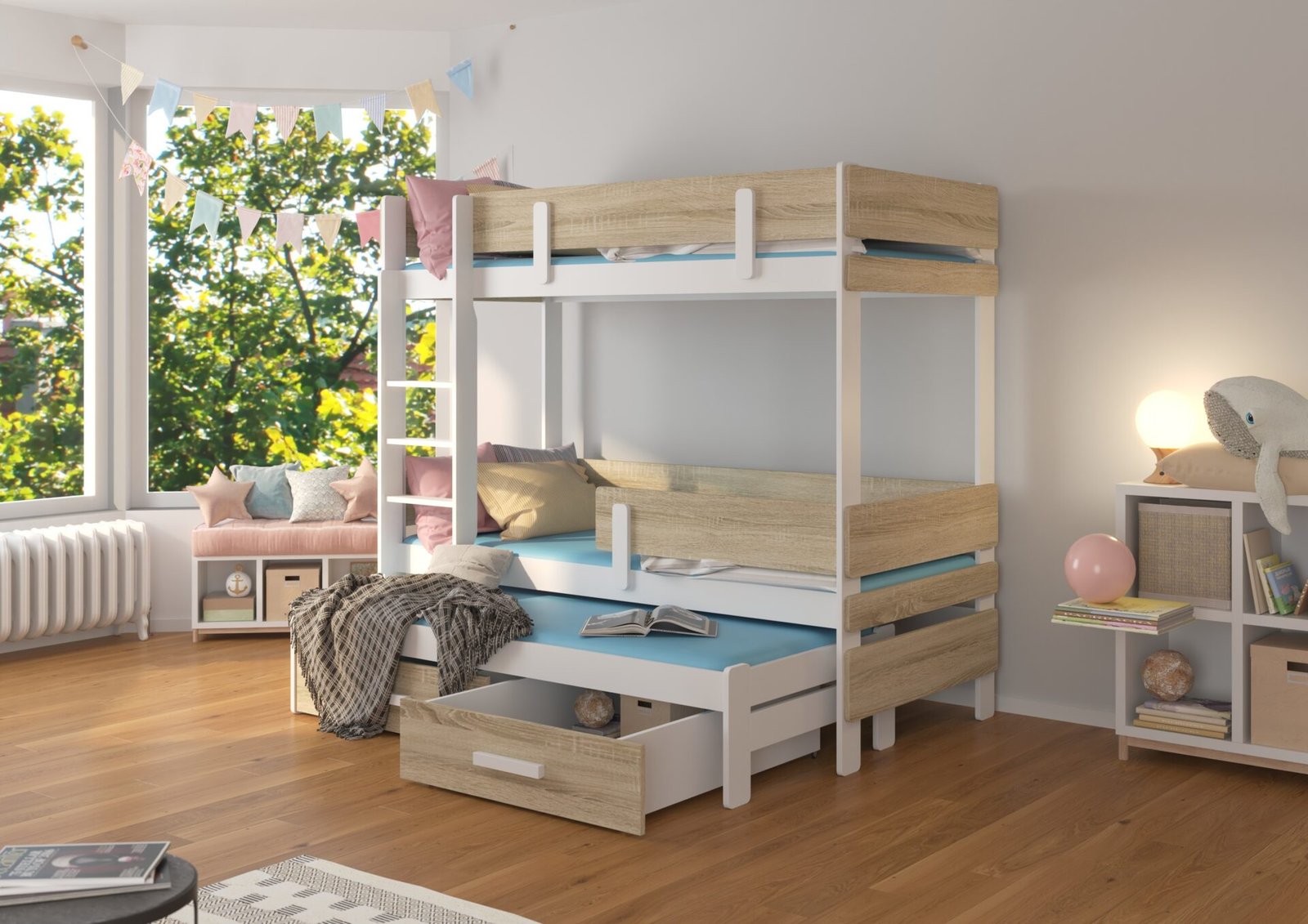 Triple bunk bed with ETAPO 180x80 mattresses, white/Sonoma ADRK - Image 2