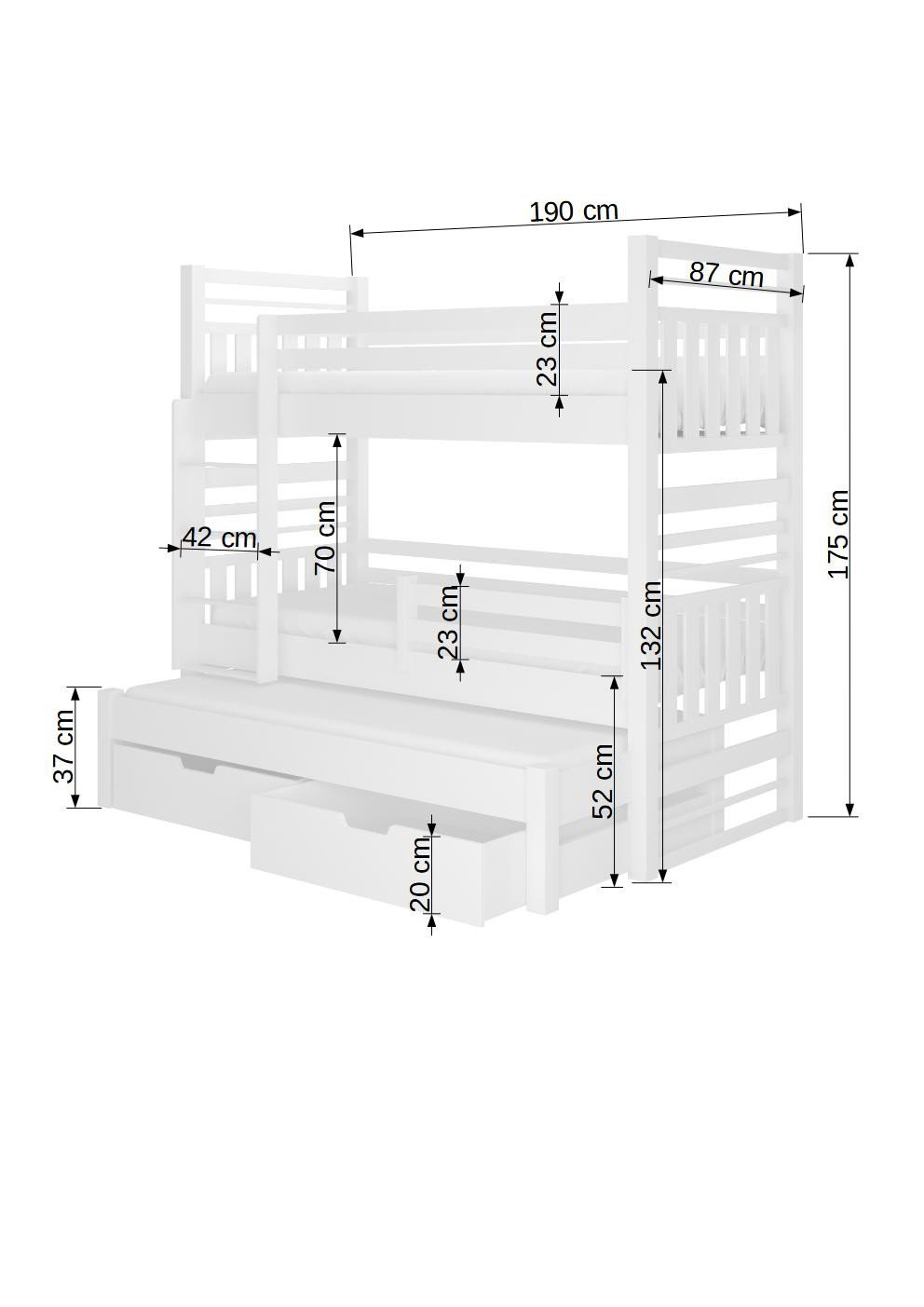 Triple bunk bed with HIPPO mattresses 180x80 white/gray ADRK - Image 3