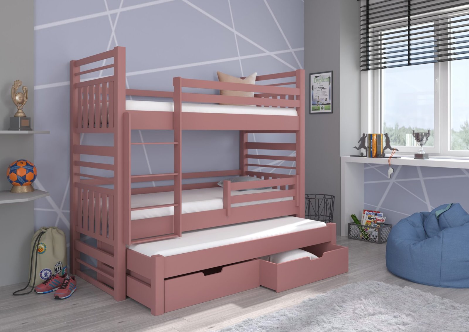 Triple bunk bed with HIPPO 180x80 mattresses, ADRK pine - Image 2