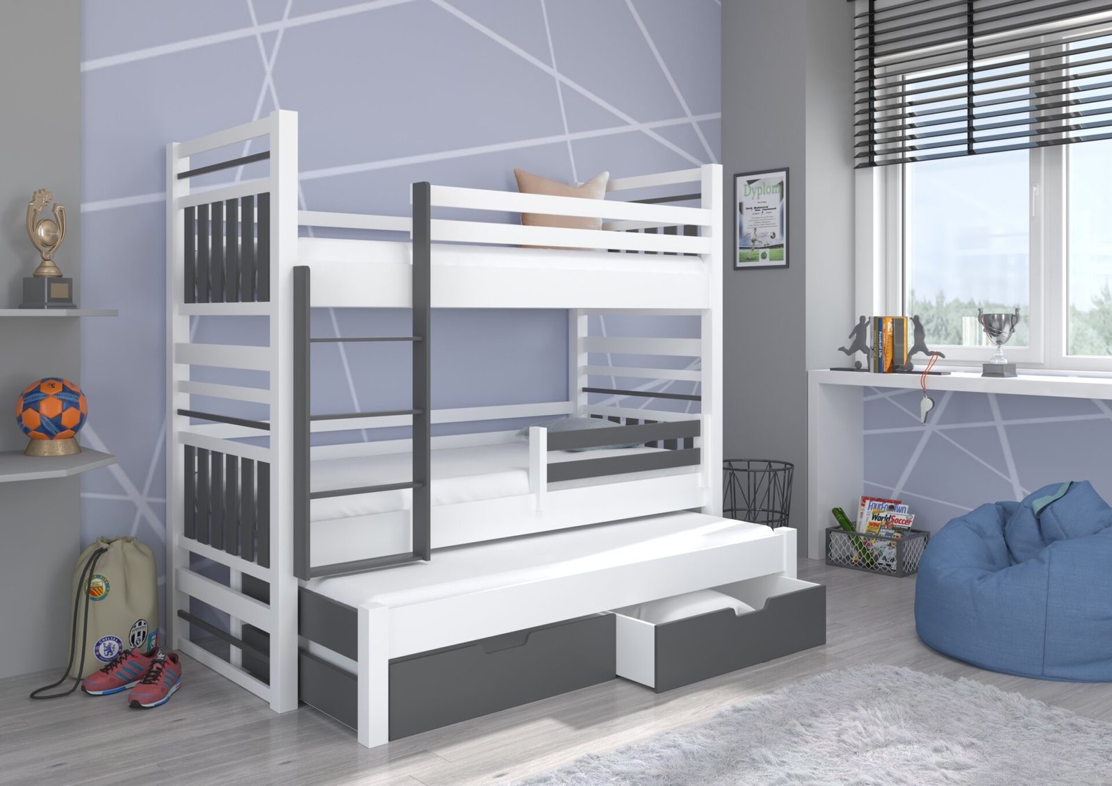 Triple bunk bed with HIPPO 200x90 mattresses, white/gray, ADRK - Image 2