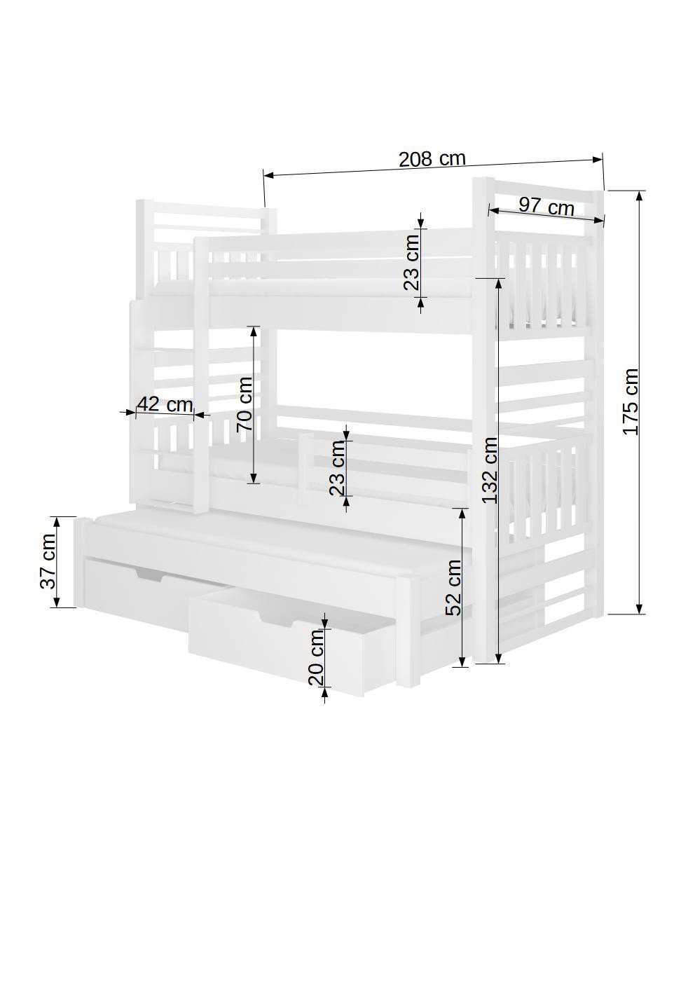 Triple bunk bed with HIPPO 200x90 mattresses, white/gray, ADRK - Image 3