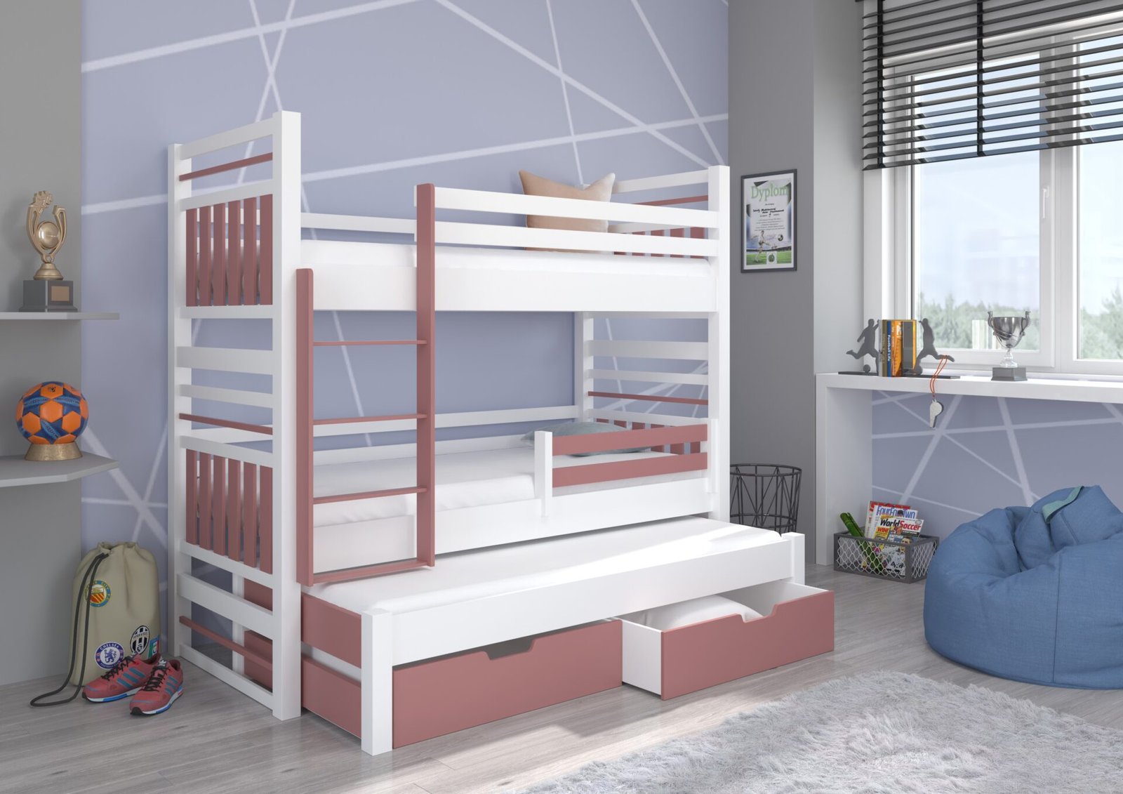 Triple bunk bed with HIPPO mattresses 200x90 white/pine ADRK - Image 2
