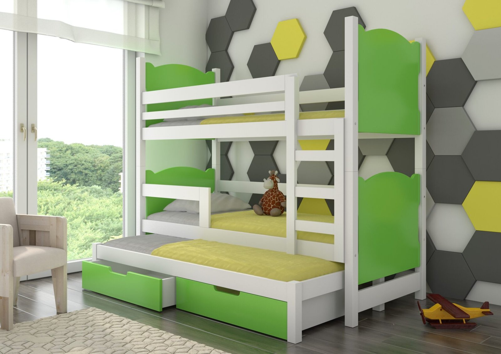 Triple bunk bed with LETICIA mattresses, white/green, ADRK - Image 2